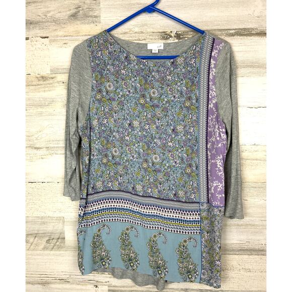J.Jill Women’s Petite M Gray Purple Floral Lightweight 3/4 Sleeve Soft Boho Top - Picture 2 of 6
